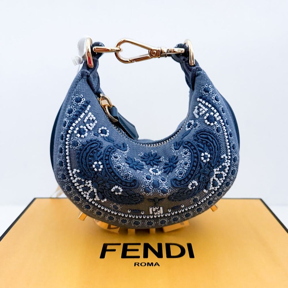 Fendi Nano Fendigraphy Mini Bag Blue Denim Bandana Beaded Embroidered Charm